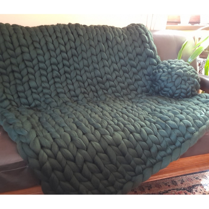 Duży koc z merynosa, zieleń butelkowa