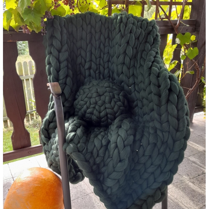 Duży koc z merynosa, zieleń butelkowa