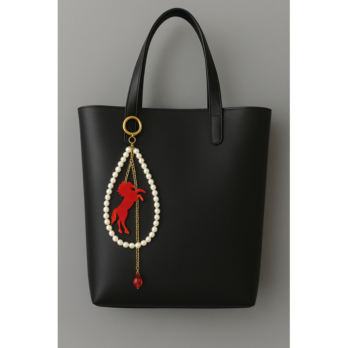 Elegancki brelok do torebki z perłami i czerwonym koniem