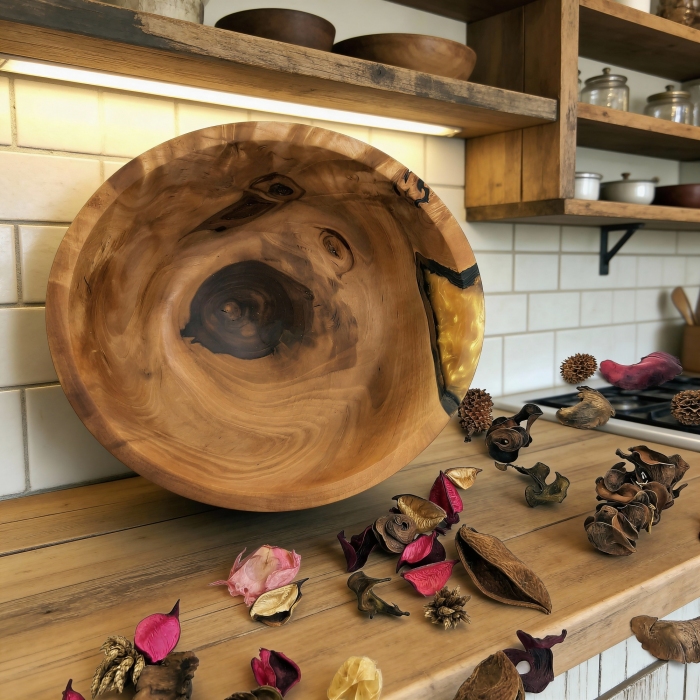 Bursztynowy Świt – Misa toczona z drewna z akcentem żywiczny