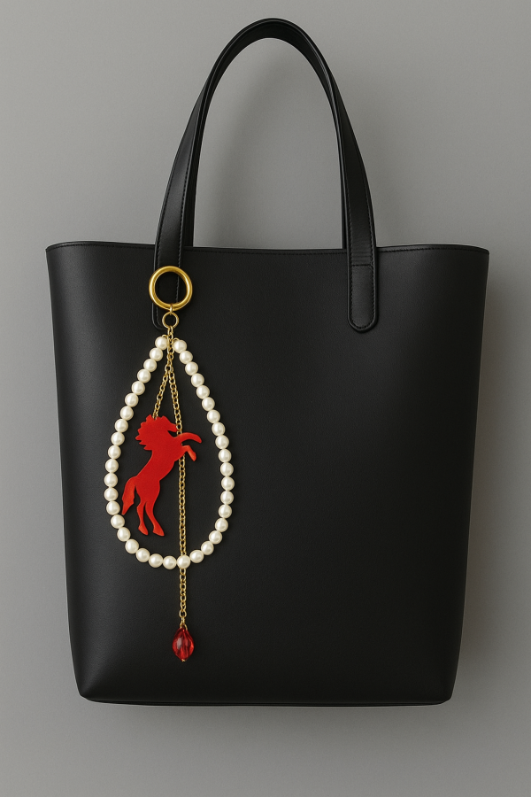 Elegancki brelok do torebki z perłami i czerwonym koniem