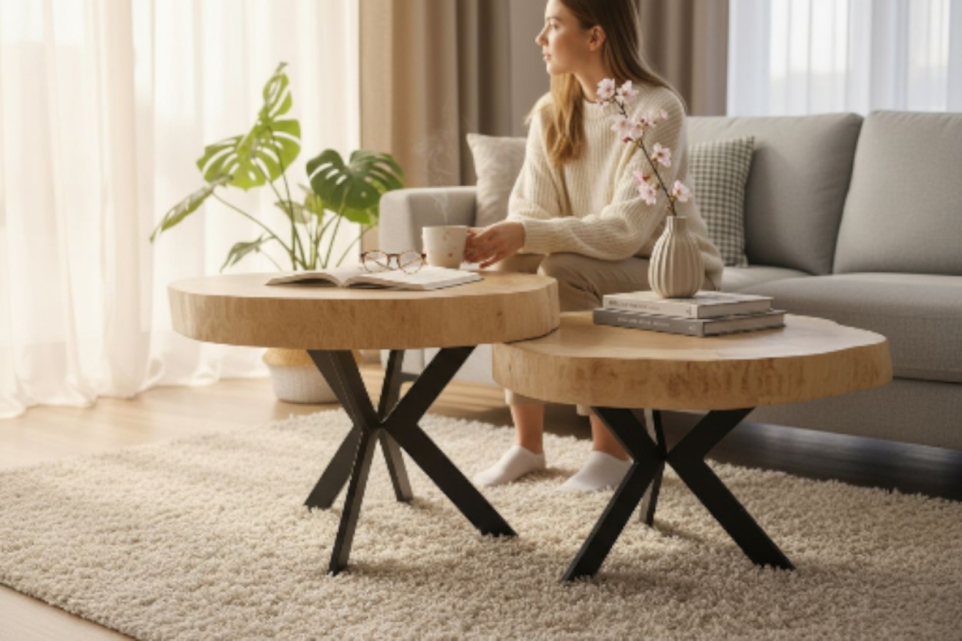 Zestaw 2 stolików kawowych z litego drewna Zegar z plastra 3