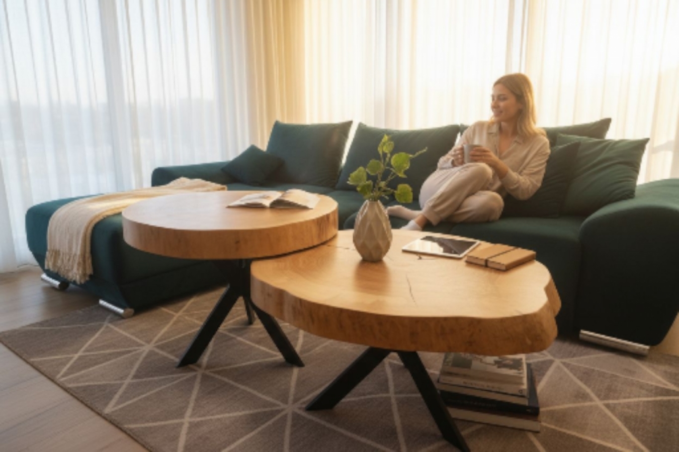 Zestaw 2 stolików kawowych z litego drewna Zegar z plastra 3