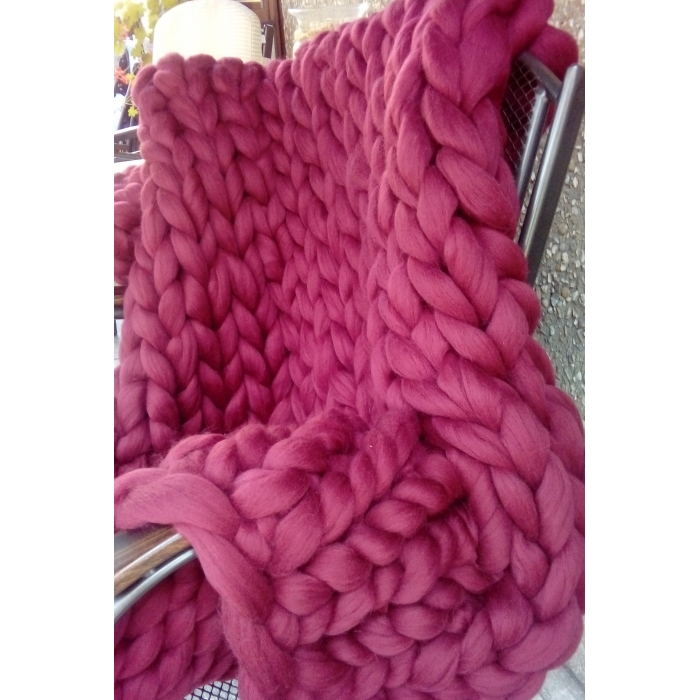 Duży koc narzuta z merynosa, bordowy