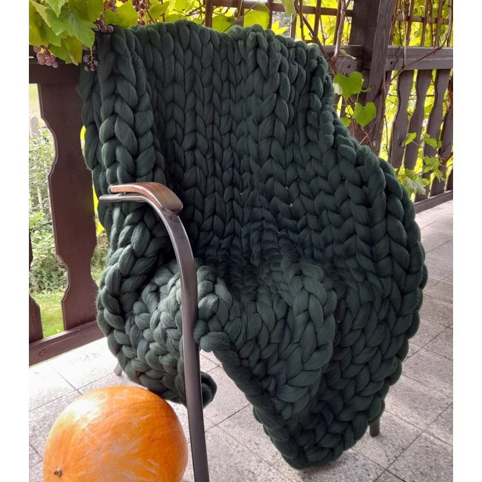 Duży koc z merynosa, zieleń butelkowa