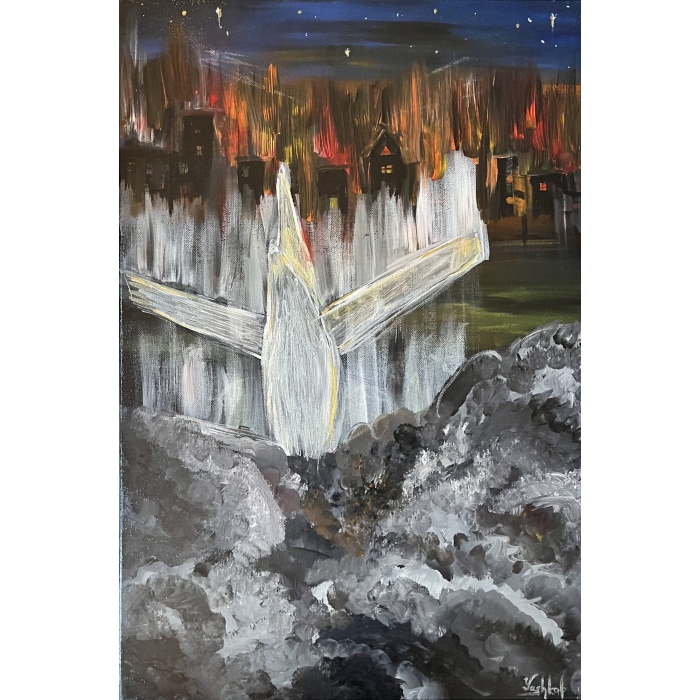 „Spadający samolot i płonące miasto”