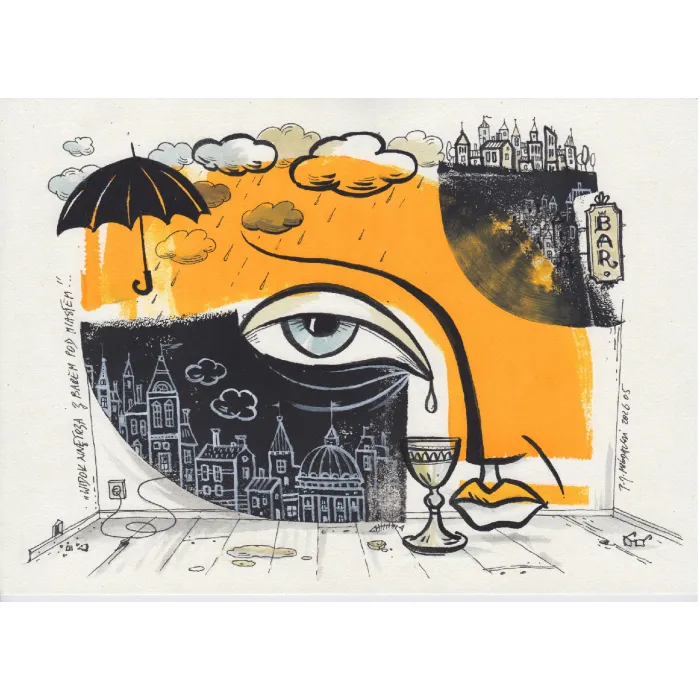 „Widok wnętrza z barem pod miastem”
